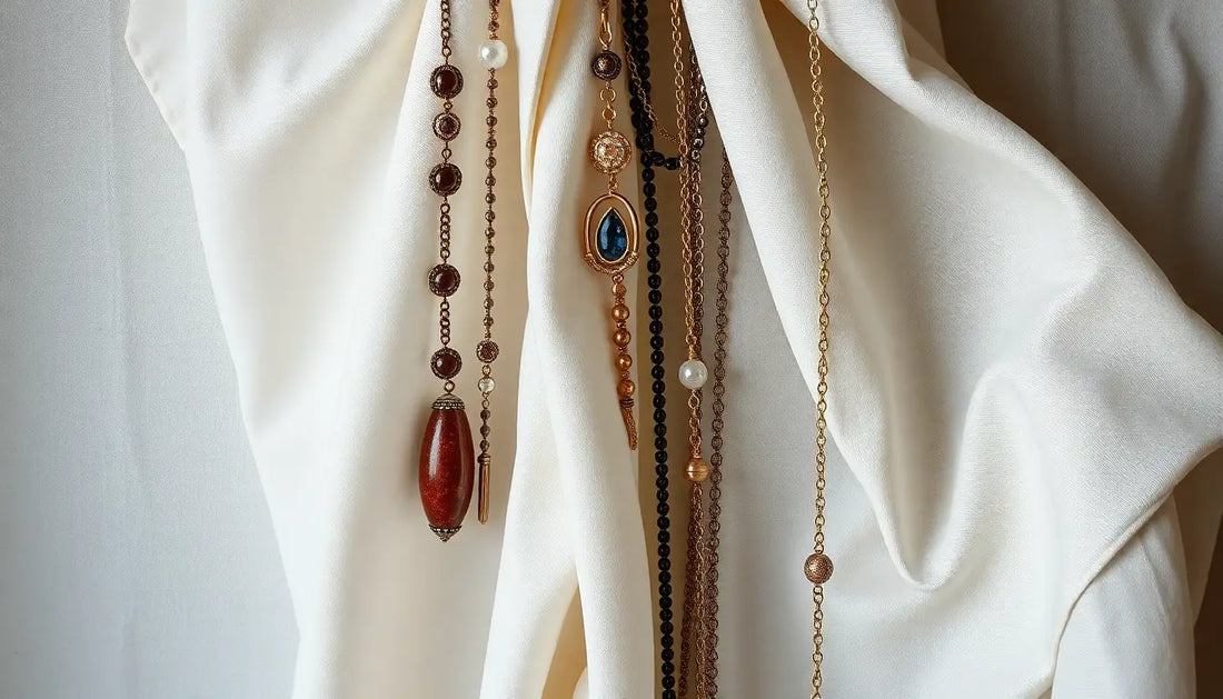 Delicate necklaces with beads and pendants on dünne Leinwand in futuristische Mode.