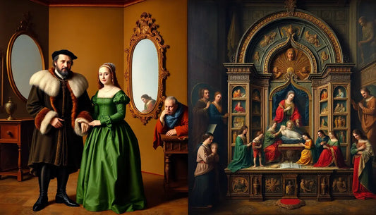 Zwei klassische Gemälde, die Renaissance-Szenen zeigen, inspiriert von Jan van Eyck.