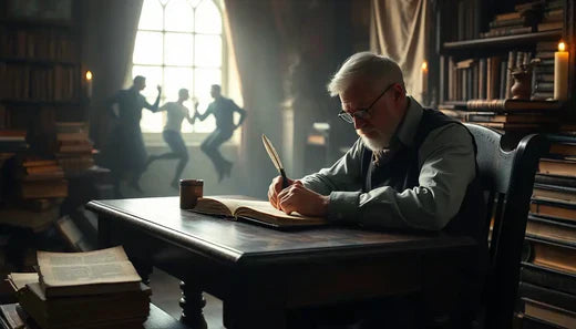 Elderly scholar writing at desk, Bücher in Nähe, Geschichten, die Publikum fesseln.