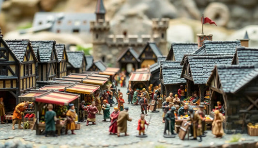 Miniaturiertes mittelalterliches Dorf mit historischen Miniaturen und bunten Tierdesign T-Shirts.