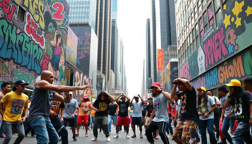 Menschen tanzen auf einer Straße mit bunten Graffiti, inspiriert von Grandmaster Flash.