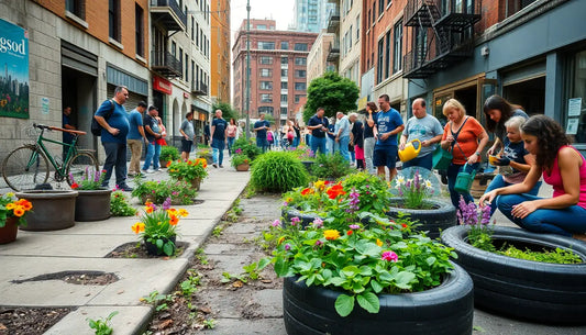 Eine Gemeinschaftsgarten aus recycelten Reifen mit bunten Blumen und Pflanzen.