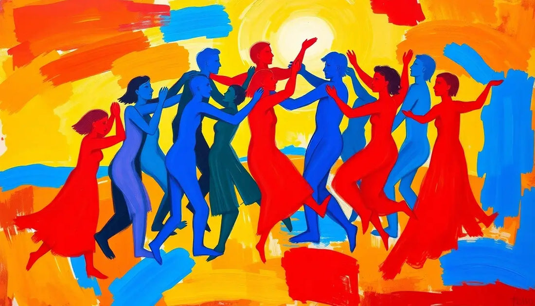 Bunte Silhouetten tanzender Figuren in Rot und Blau, inspiriert von Henri Matisse.