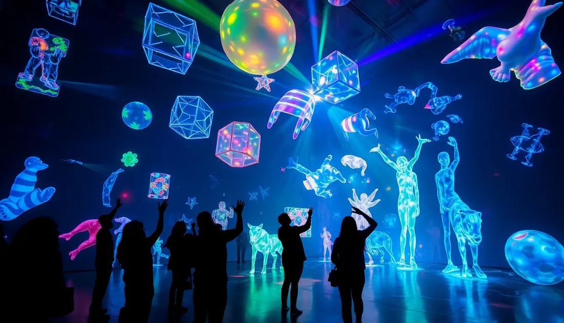 Leuchtende holografische Kunstinstallation mit geometrischen Formen für bunte Tierdesign T-Shirts.