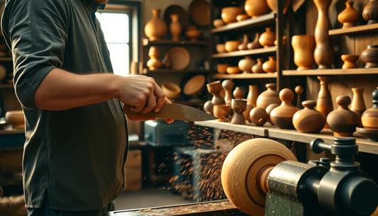 Holzdrehen von Holzschalen und Gefäßen auf einer Drehbank mit bunten Tierdesign T-Shirts.