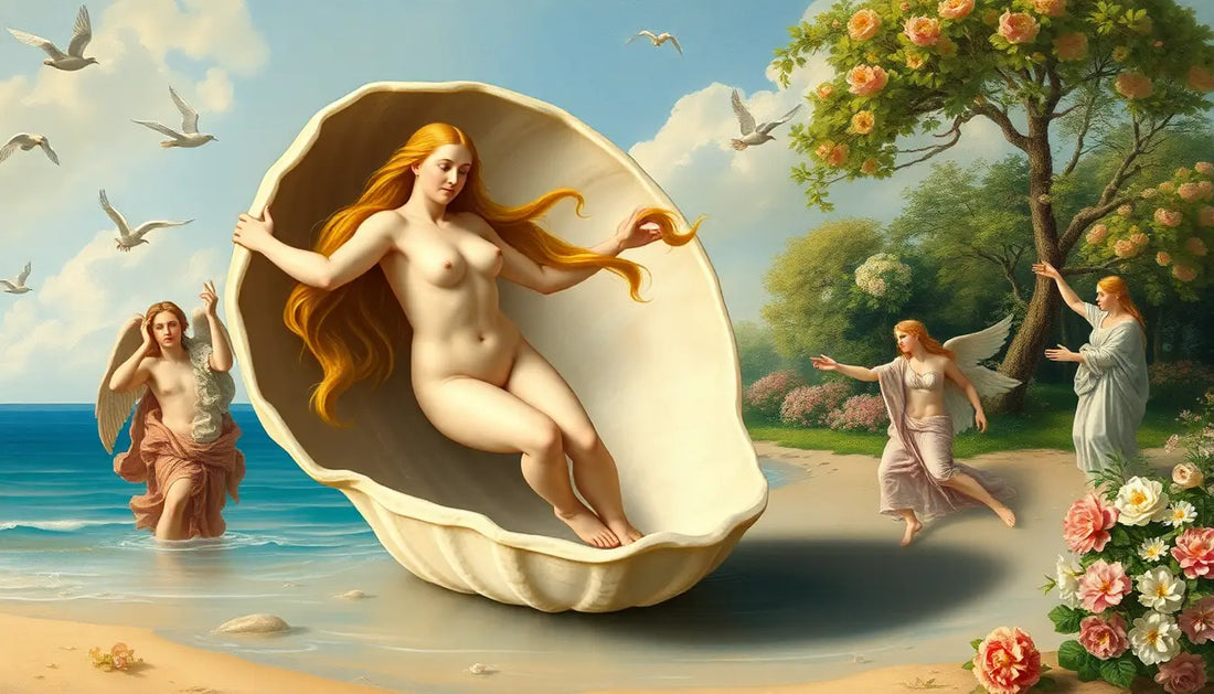 Nackte Figur aus einer Muschel am Strand, inspiriert von Sandro Botticelli und voller mythologischer Symbolik.