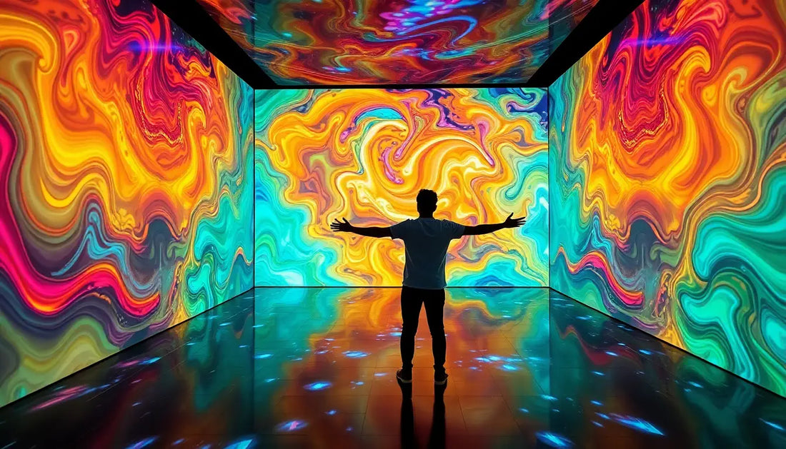 Psychedelische immersive Kunstinstallation mit interaktiven Skulpturen für intensivere Erlebnisse.