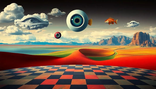 Surrealistische Landschaft mit schwebenden Augen inspiriert durch André Breton.