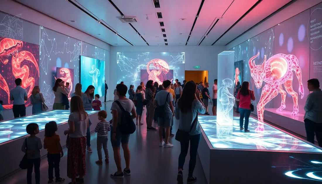 Museum Besucher betrachten interaktive Kunst mit bunten Tierdesign T-Shirts in verschiedenen Farben.