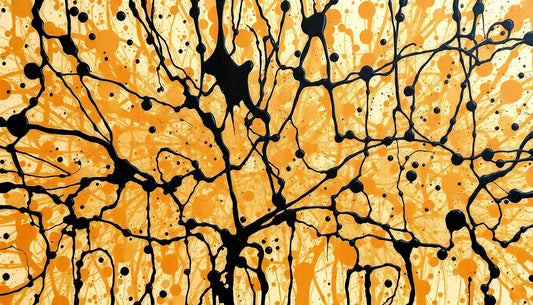 Schwarzes verzweigtes neuronales Netzwerkmuster auf orangefarbenem Hintergrund, inspiriert von Jackson Pollock.