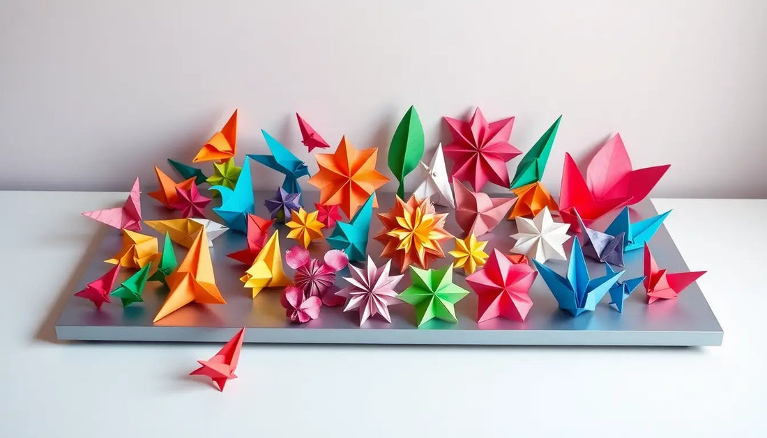 Bunte Origami-Blumen und Schmetterlinge auf Regal, inspiriert von Japanischer Faltkunst.