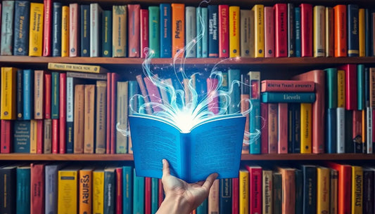 Glühendes blaues Buch strahlt magische Lichtströme, symbolisiert die Kraft unerwarteter Wendungen.