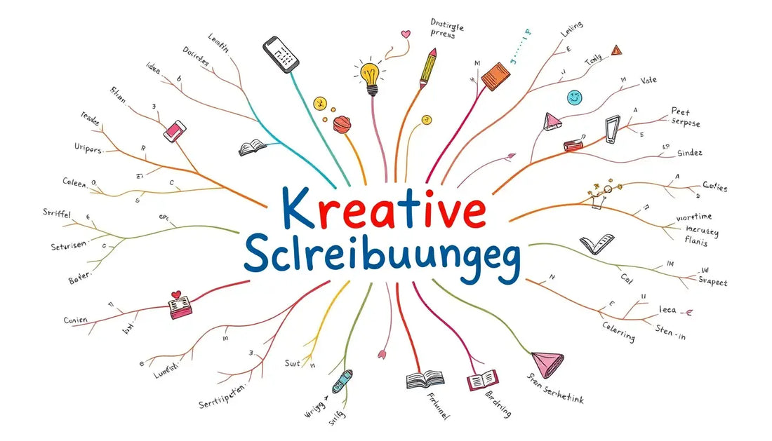 Mindmap mit Kreative Schreibübungen, bunten Ästen und symbolischen Notizen.