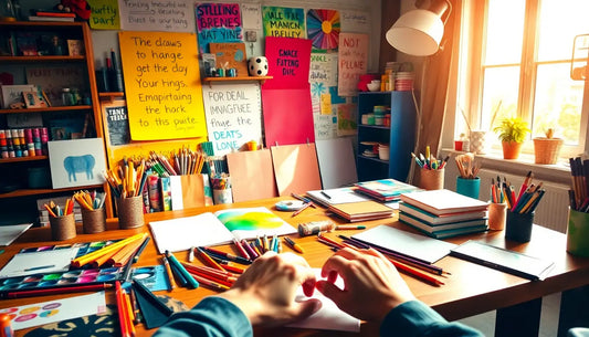 Cluttered desk with art supplies to kreativen Raum schaffen für kreative Entfaltung.