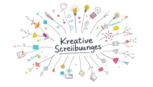 Mindmap-Diagramm zu Kreative Schreiben mit bunten Doodles für visuelle Kunst und Kreativität anregen.