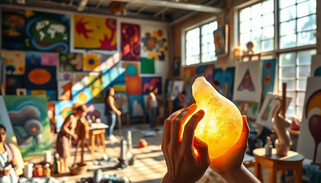 Leuchtende orangefarbene Salzlampe in Hand für Kreativität leben erwecken in technisierter Welt.