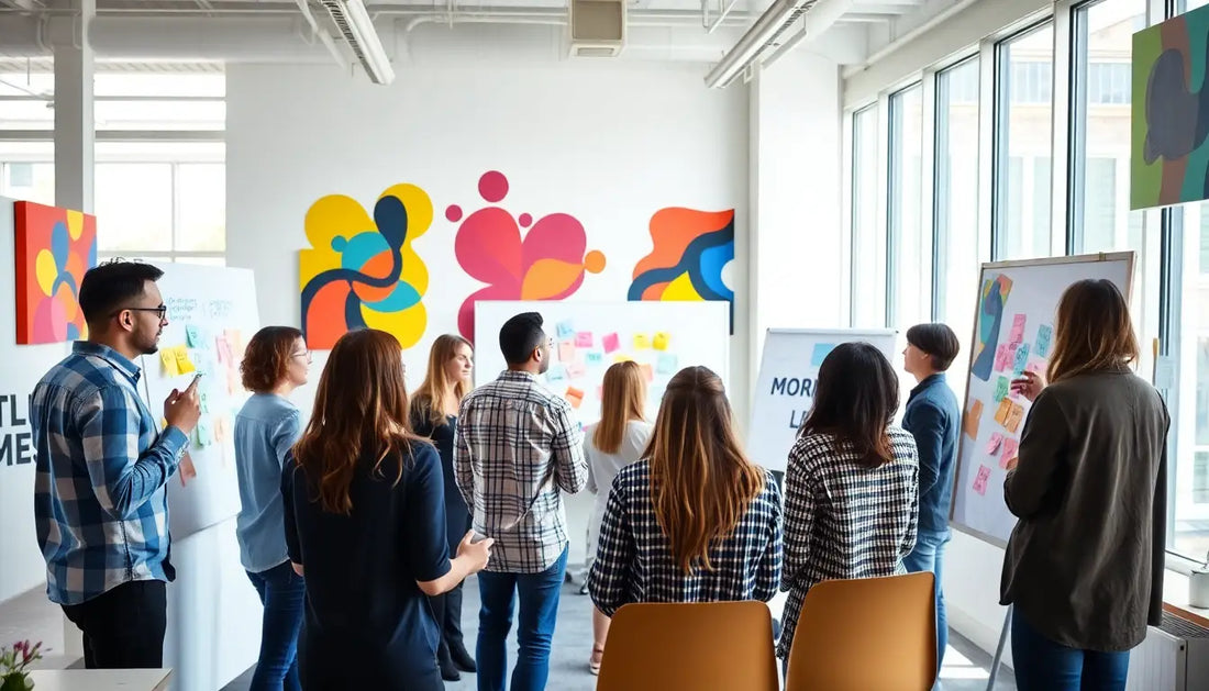 Gruppe von Personen betrachtet kreative Wandkunst in einem Großkonzern-Meeting.