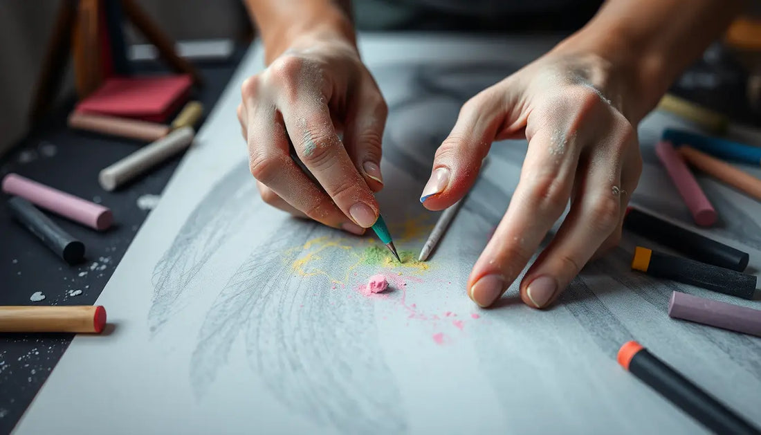 Hände nutzen bunte Kreide auf Papier für kreative Tierdesign T-Shirts.