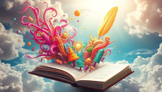 Open book with colorful magical elements symbolizing die Kunst der Blitzgeschichte.