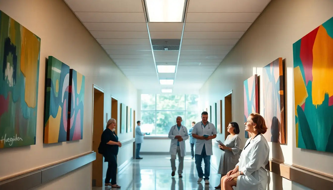 Krankenhausflur mit bunten Tierdesign-T-Shirts und abstrakter Kunst an den Wänden.