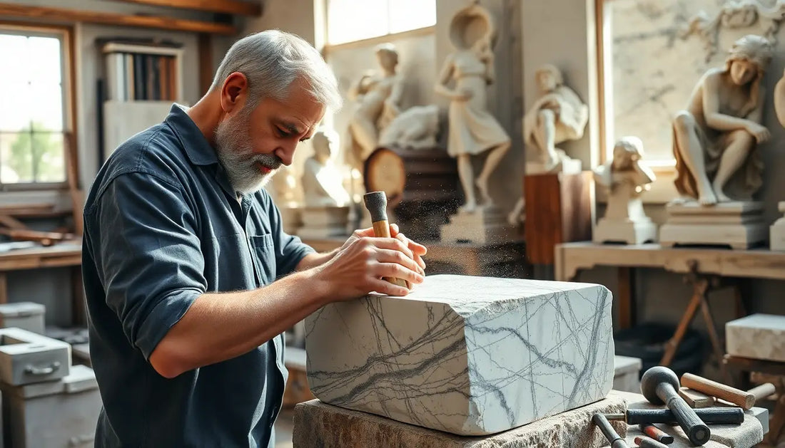 Ein Bild eines Steinmetzes in schwarzem T-Shirt, der konzentriert an einem Steinblock arbeitet.