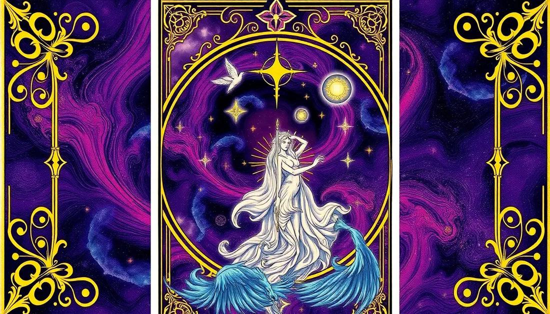 Himmlische Jungfrau in weißem Kleid erreicht Sterne über Wellen im Tarot-Design.