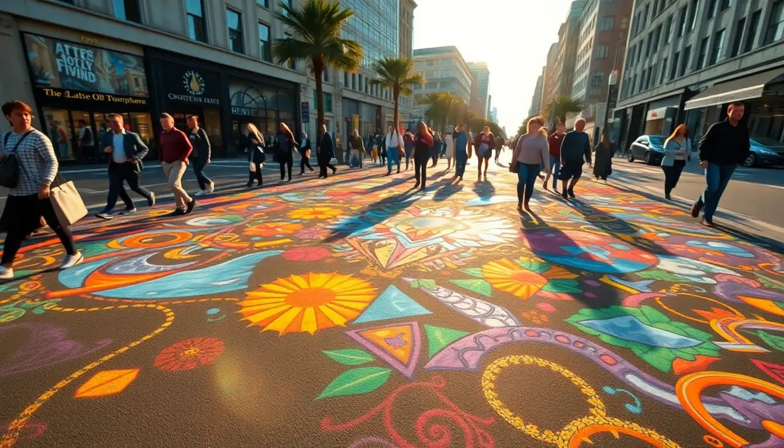 Bunte Straßenmural mit Blumen und geometrischen Mustern für verschiedene Farbt-shirts.