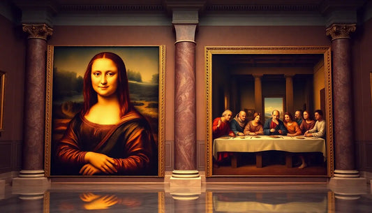 Zwei berühmte Leonardo da Vinci Gemälde, Mona Lisa und Das letzte Abendmahl, präsentiert.