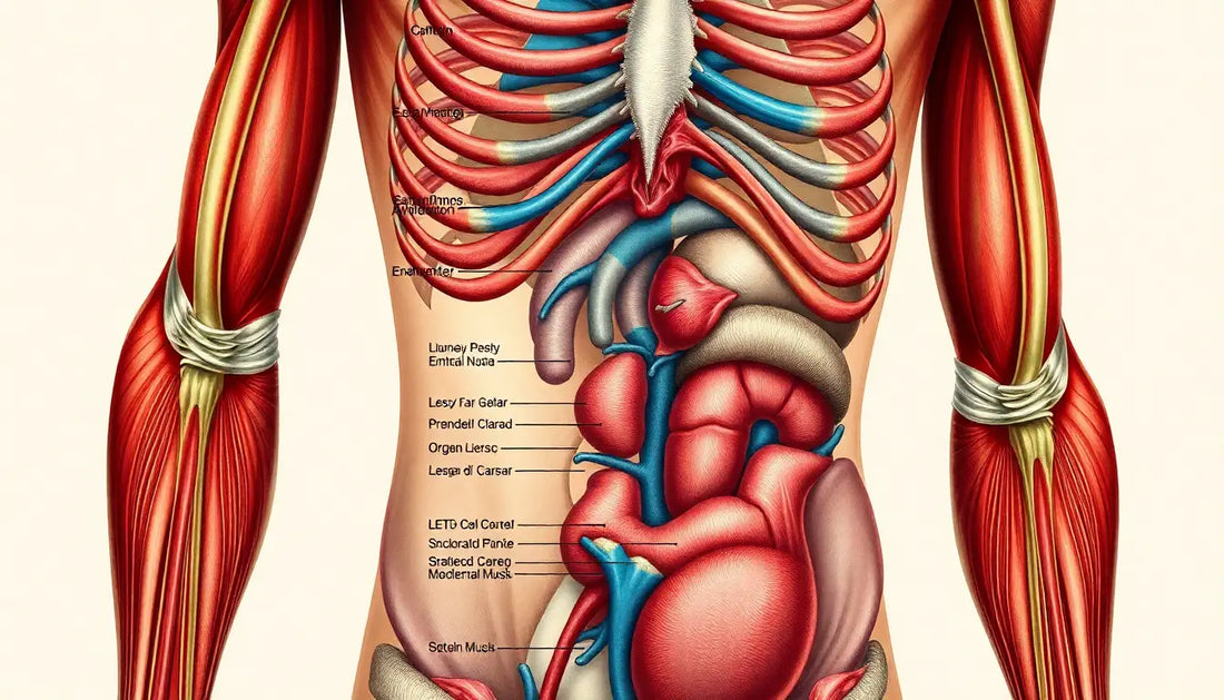 Anatomische Illustration der Abdominalorgane und Muskulatur im medizinischen Kunststil.