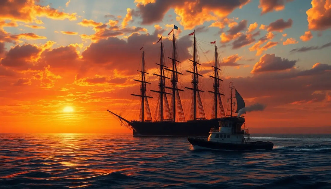 Majestatisches Segelschiff im Sonnenuntergang, inspiriert von Turners Pinselführung.