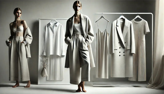 Elegante neutrale Mäntel und Kleider in minimalistischem Capsule Wardrobe Stil.