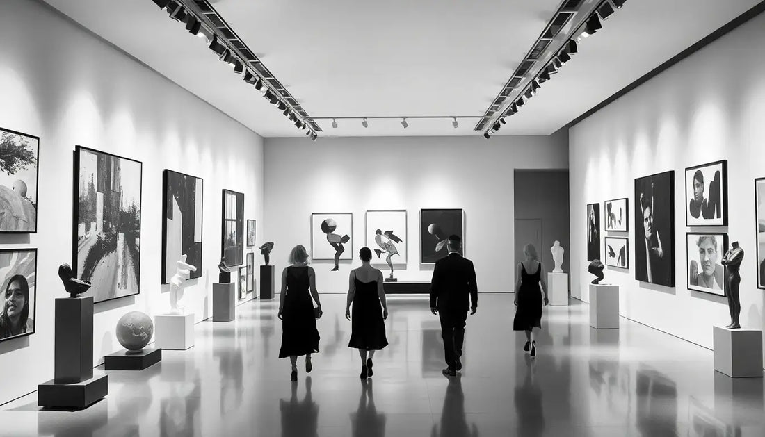 Besucher in Kunstgalerie erleben monochrome Kunst und eigene Ästhetik mit wohltuender Klarheit.