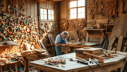 Handwerker am traditionellen Holzarbeitsplatz mit Werkzeugen in schwarzem T-Shirt.