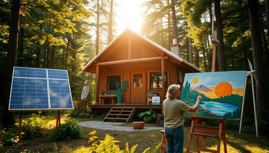 Holzhütte mit Solarpaneelen, symbolisch für nachhaltige Lebensweise und Off-Grid-Leben.