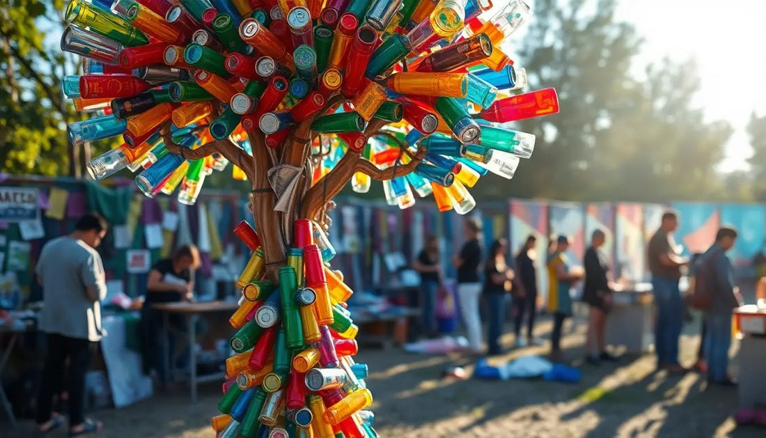 Bunte Skulptur aus recycelten Flaschen in Baumform für kreative Recycelte Kunst.