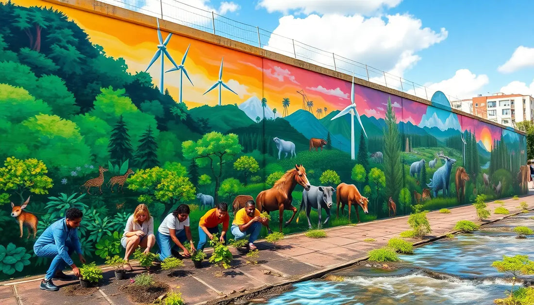 Vibrantes Wandbild mit Pferden und Windturbinen für bunte Tierdesign T-Shirts.