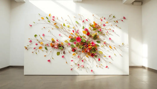 Bunte florale Kunstinstallation an Wand für tierdesign T-Shirts und schwarzes T-Shirt.