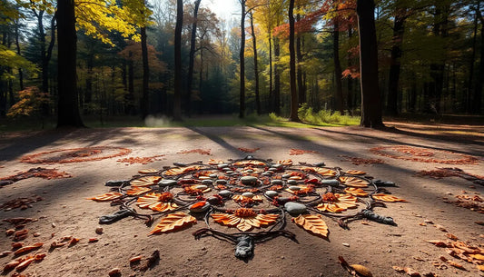 Herbstliche Mandala-Kunst aus natürlichen Materialien inspiriert von Andy Goldsworthy.