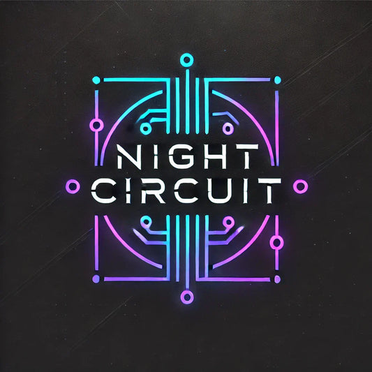 Neon-logo von Night Circuit mit geometrischen Mustern in blau-lila für Cyber Goth Streetwear.