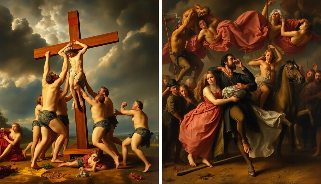 Zwei klassische religiöse Gemälde von Peter Paul Rubens zur Kreuzigung Christi.