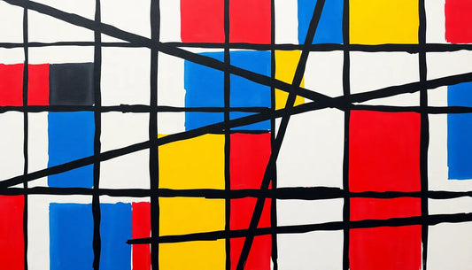 Abstrakte geometrische Kunst mit schwarzen Linien und Farbfeldern im Stil von Piet Mondrian.