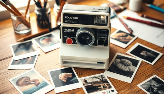 Vintage Polaroid Kamera mit Fotos, ideal für bunte Tierdesign T-Shirts.