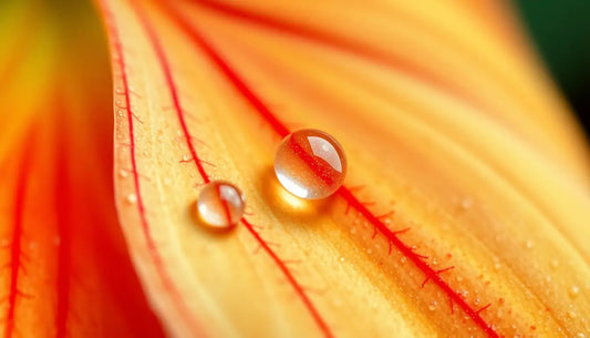 Wassertropfen auf orangefarbener Blütenblüte mit roten Adern unter frontales Licht.