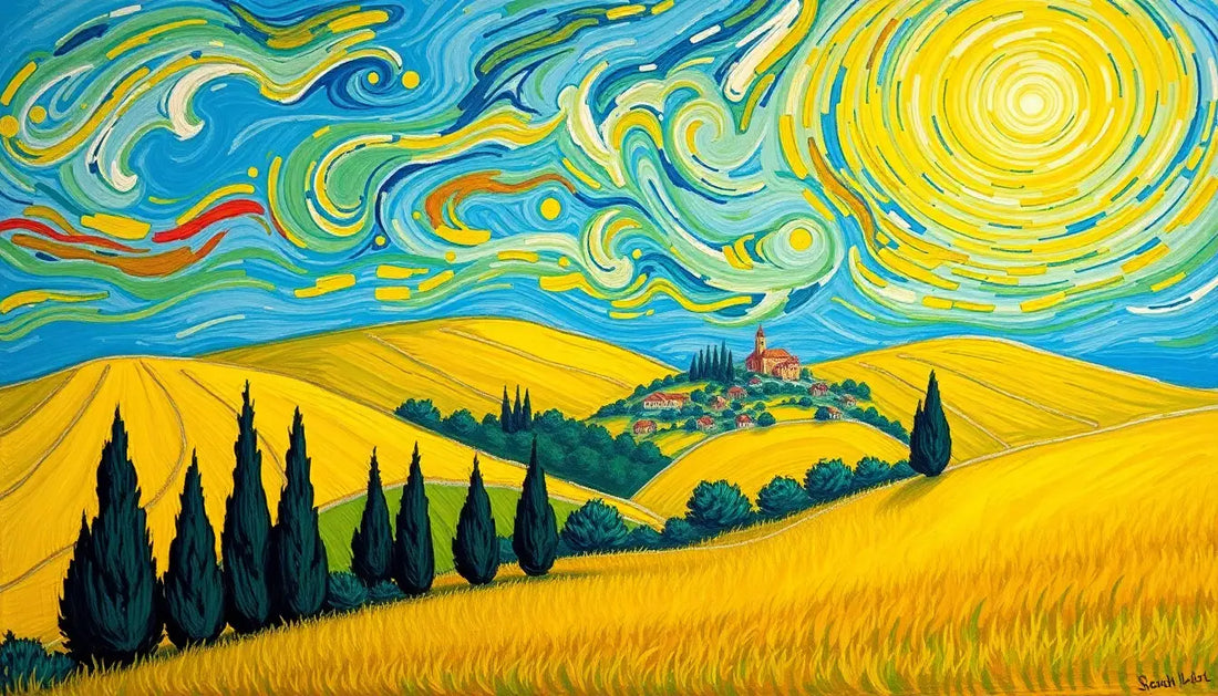 Vibrantes, wirbelndes Landschaftsgemälde inspiriert von Vincent van Gogh und Georges Seurat.