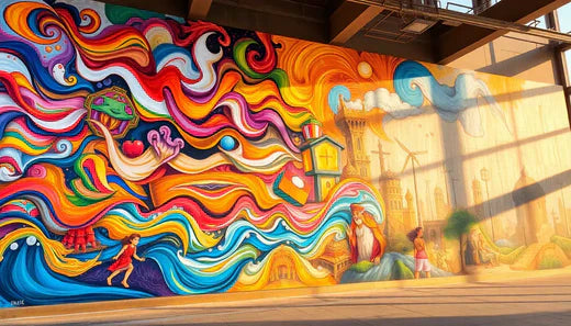 Vibrantes Wandkunst-Mural in Orange, Blau und Rot, um bleibende Wirkung zu erzielen.
