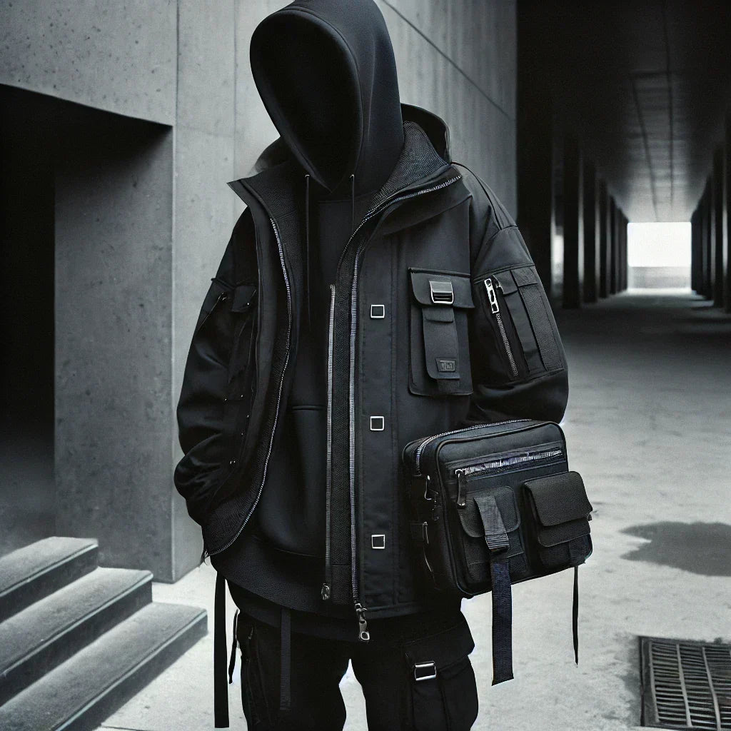 Schwarze taktische Jacke mit mehreren Utility-Taschen und Riemen im Modestil Schwarz.