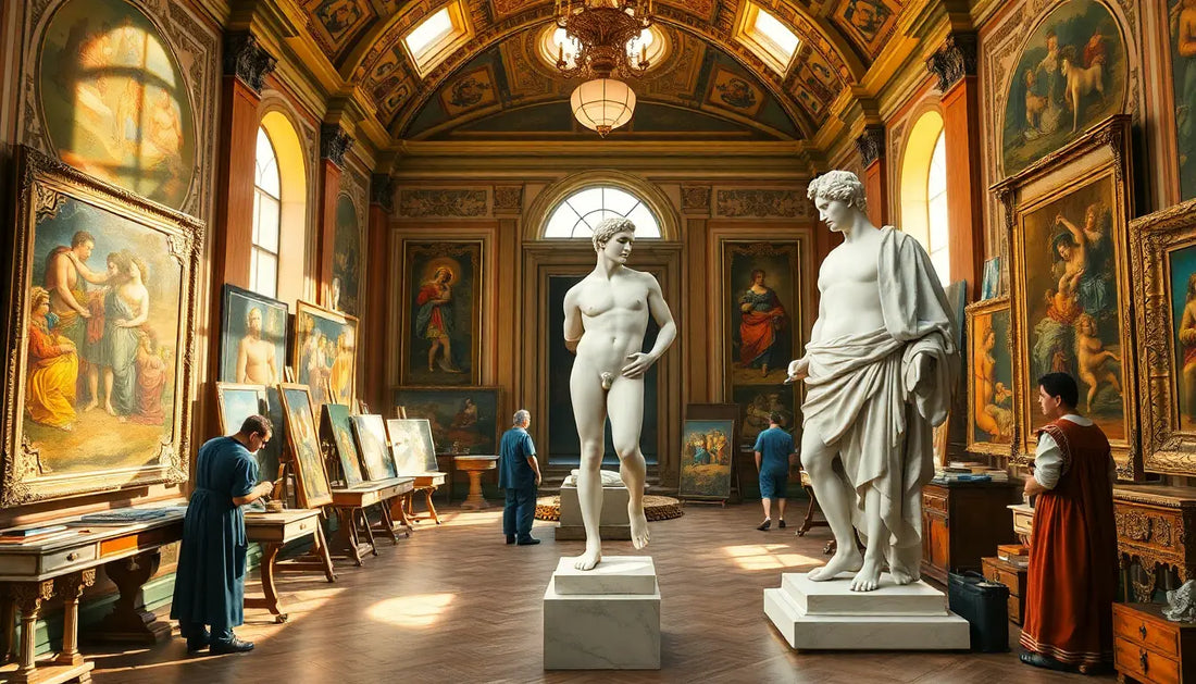 Innenansicht einer Kunstgalerie, die Werke der Epoche gelten und Michelangelo schufen zeigt.