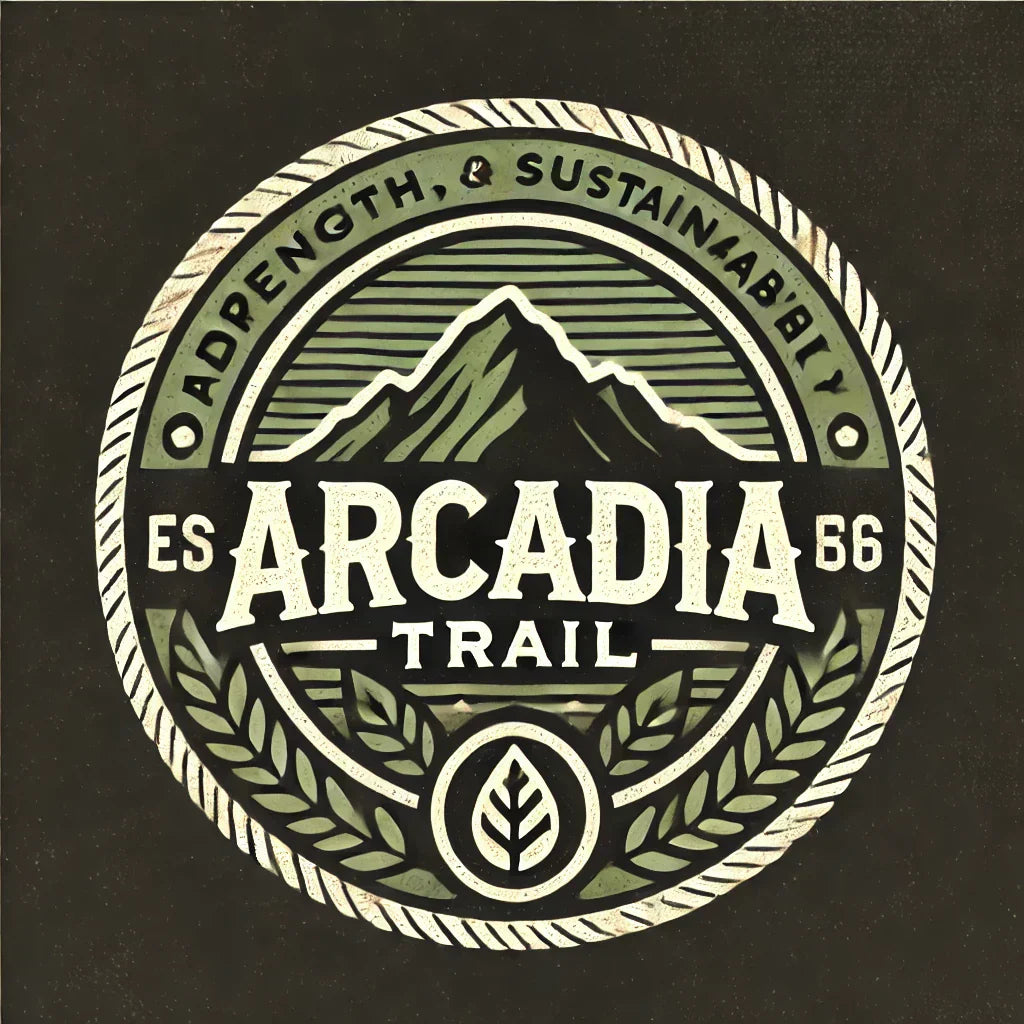 Runder Emblem mit Arcadia Trail, Bergspitze und Blättern für richtige Pflege der Kleidung.