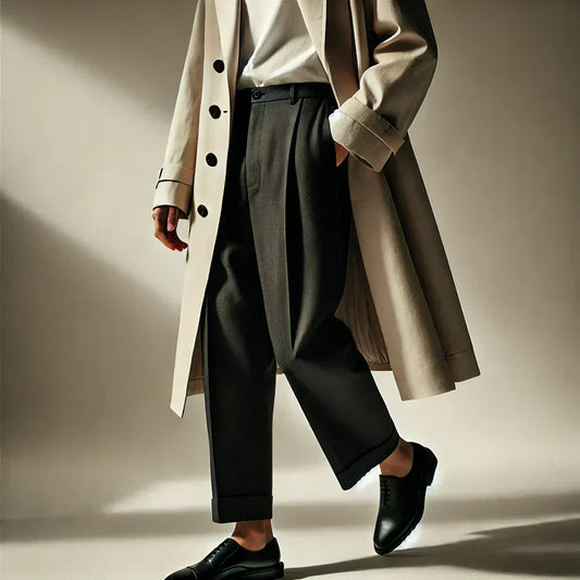 Beiger Trenchcoat mit weiten schwarzen Hosen und schwarzen Lederschuhen in minimalistischer Garderobe.