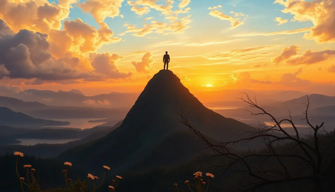 Silhouette auf Berggipfel symbolisiert die Entfaltung der menschlichen Seele in Kunst.